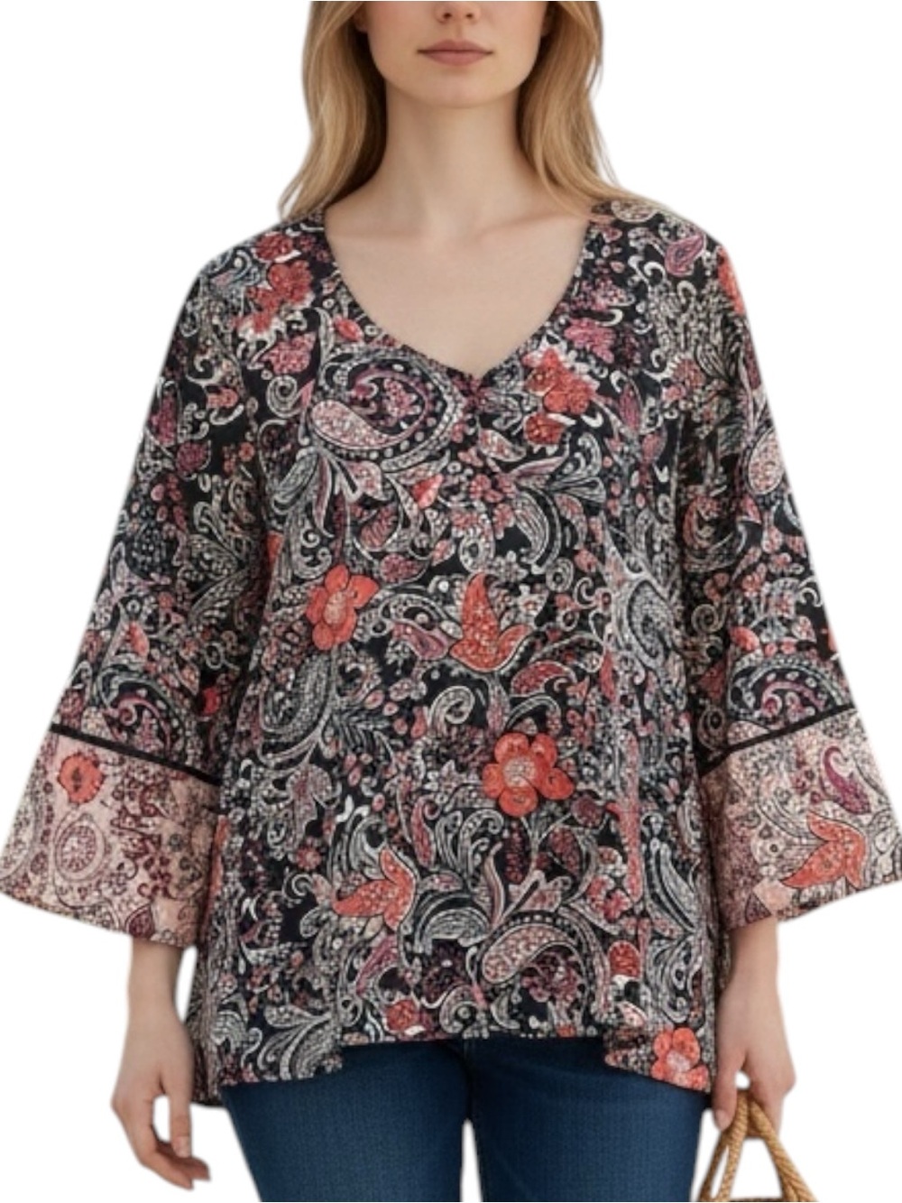 J. Jill Sz MEDIUM Black Coral Paisley V-Neck Bell Sleeve Relaxed Fit Blouse Top